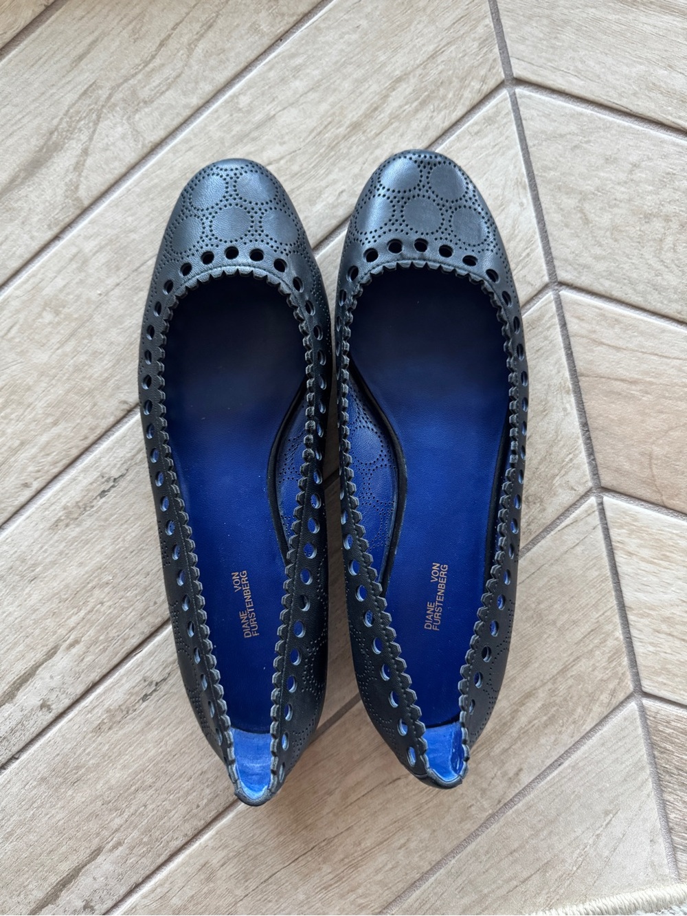 Diane von Furstenberg Black Perforated Ballet Flats with Blue Insole